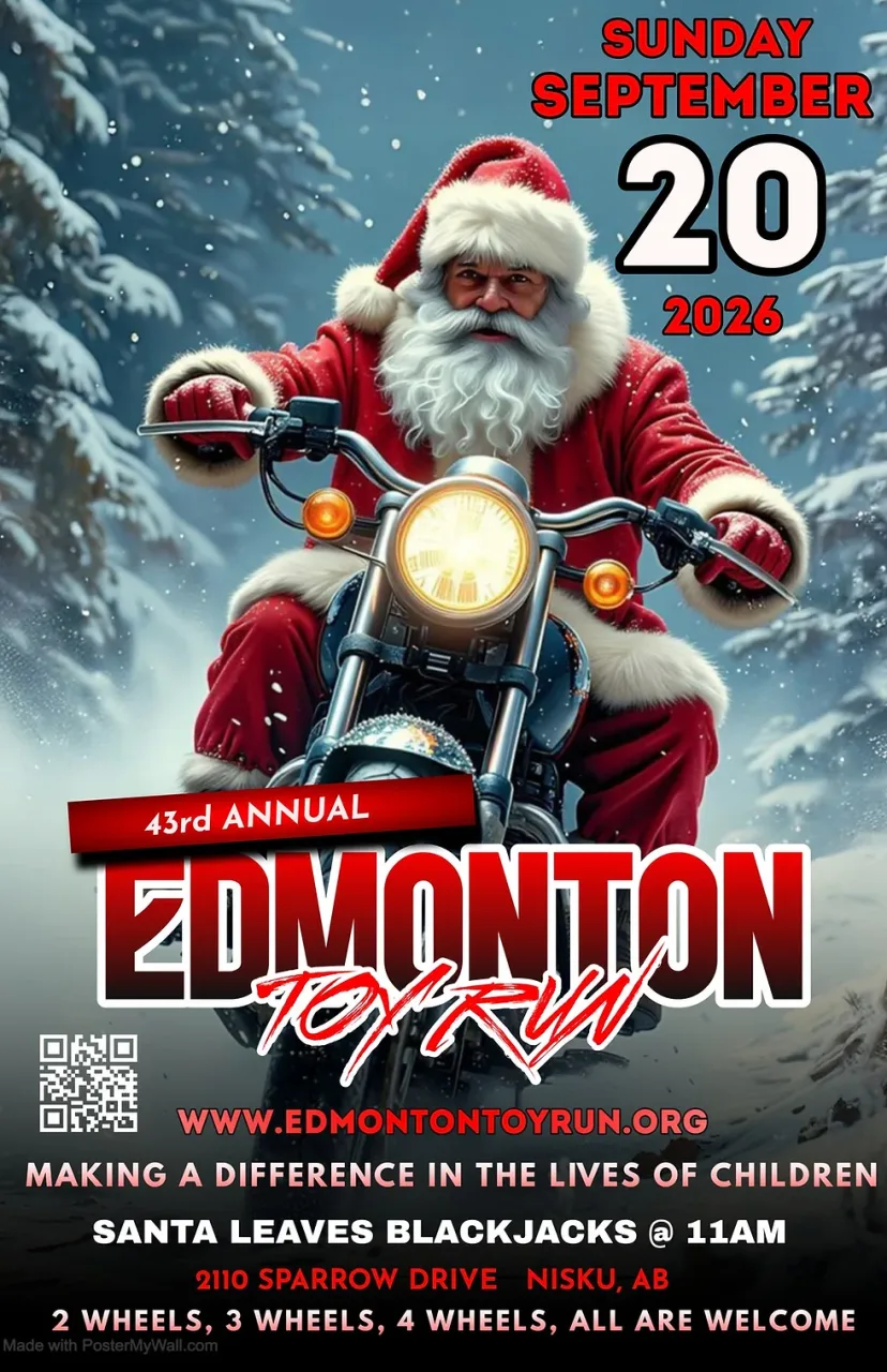 Promotional artwork for the 43rd Annual Edmonton Toy Run on September 20, 2026.