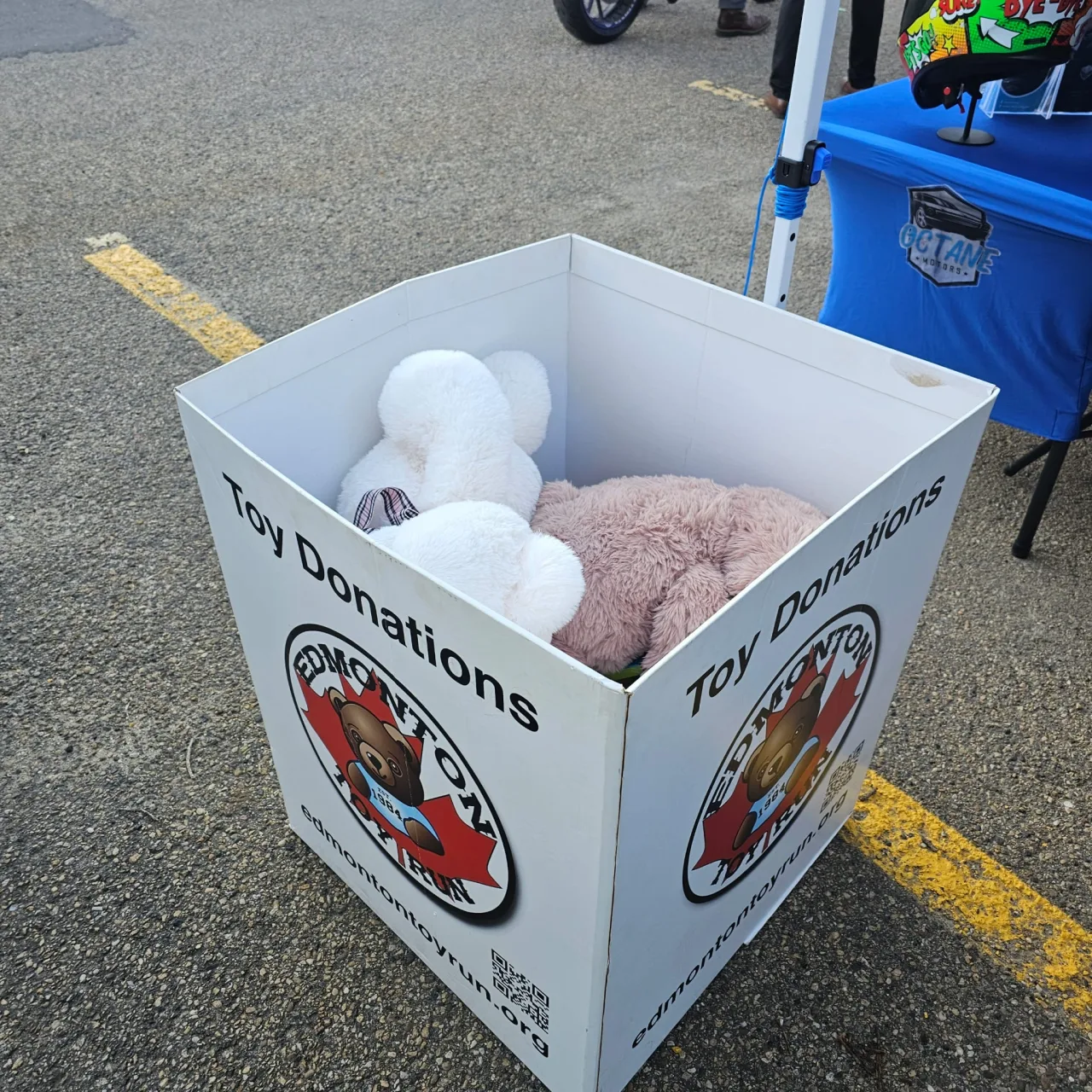 Edmonton Toy Run donations beside the Octane Motors booth during Full Throttle 360.
