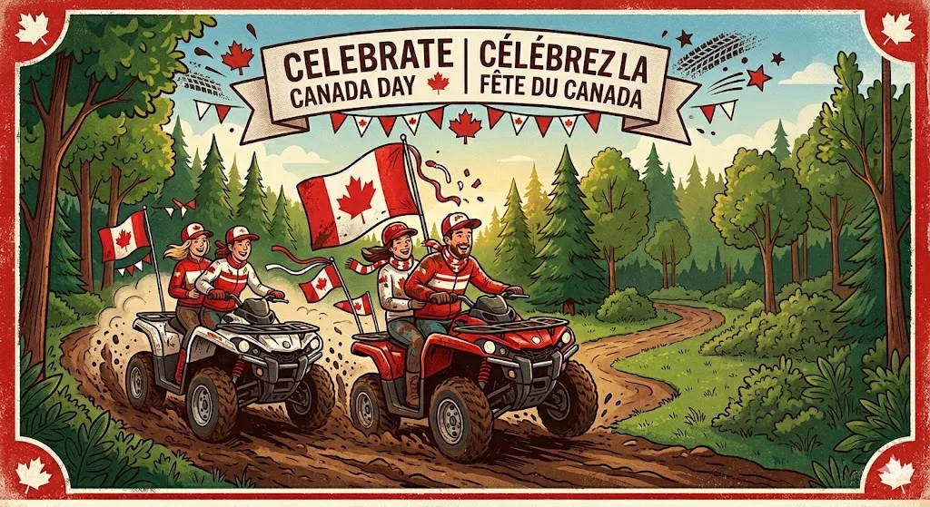 ATV Club of Eastern Ontario promotional trail-riding artwork illustrating an organized club ride.