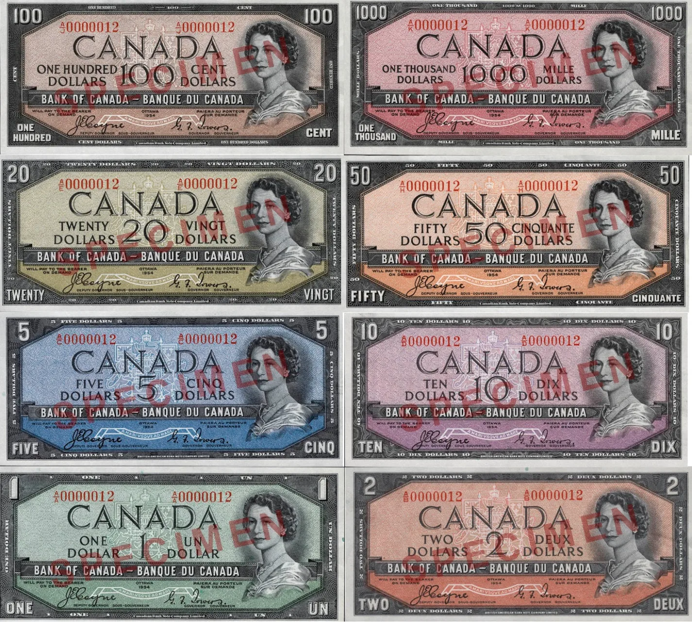 Collage of historic Canadian dollar banknotes