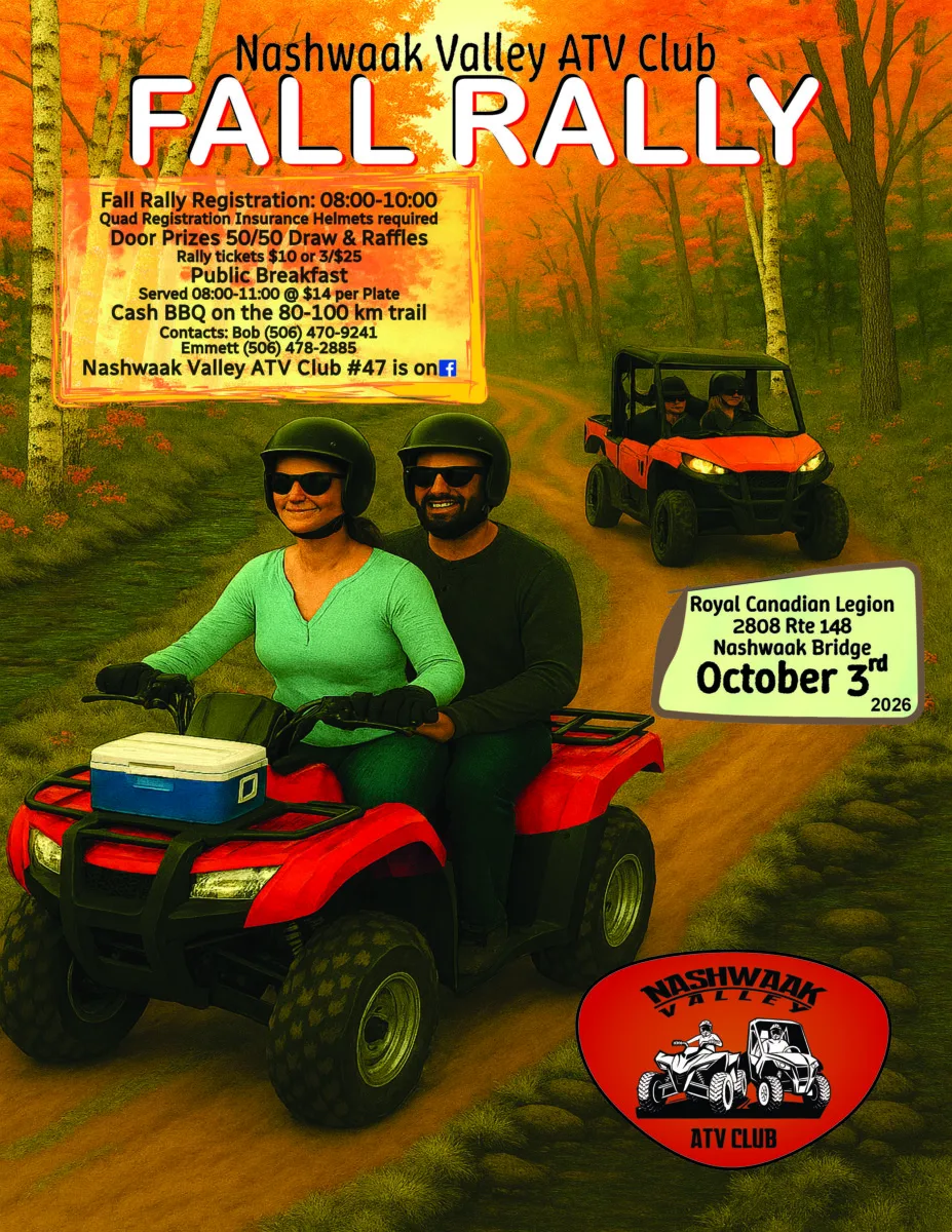 Official promotional poster for the Nashwaak Valley ATV Club Fall Rally on October 3, 2026.