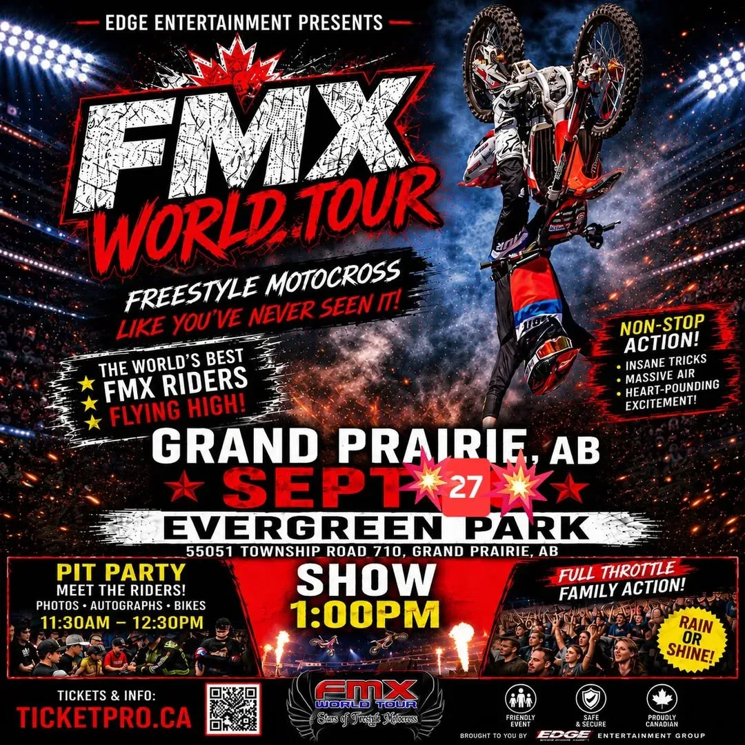 Freestyle motocross rider performing an aerial trick on the FMX World Tour poster for Grande Prairie