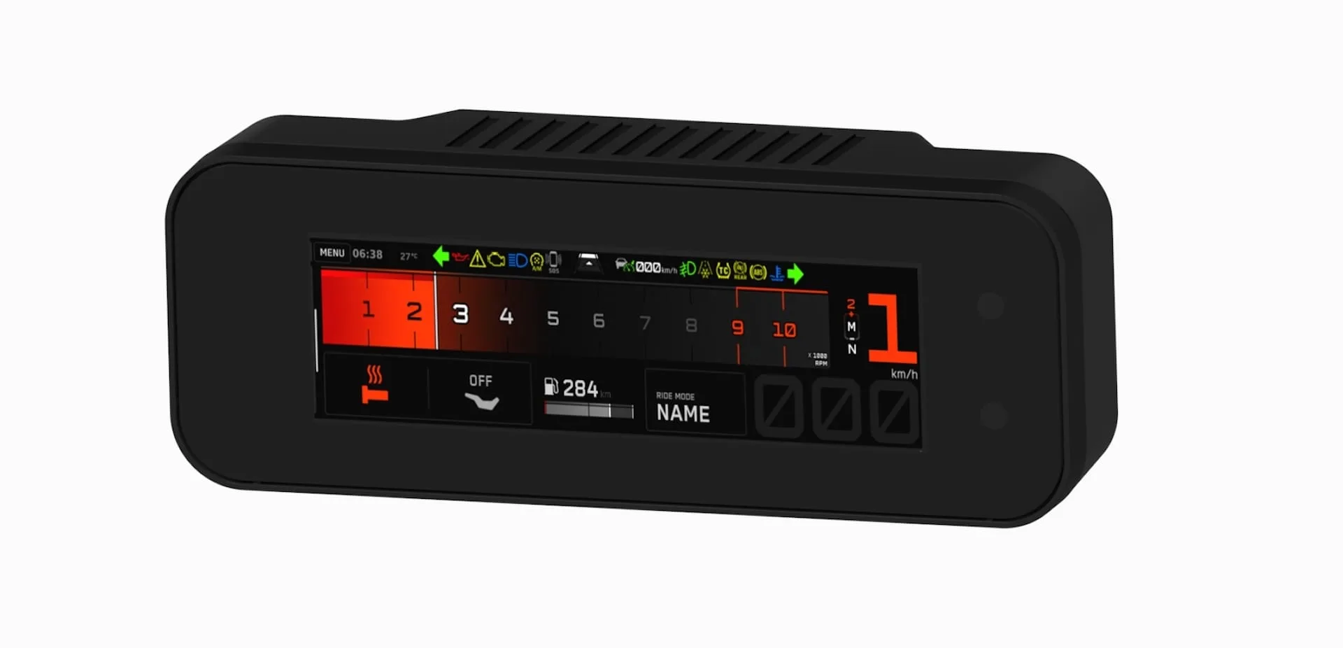AUMOVIO digital motorcycle instrument display showing speed and vehicle information.