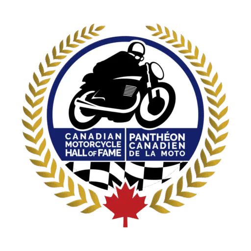 Canadian Motorcycle Hall of Fame bilingual logo with a motorcycle rider, laurel wreath and maple leaf.