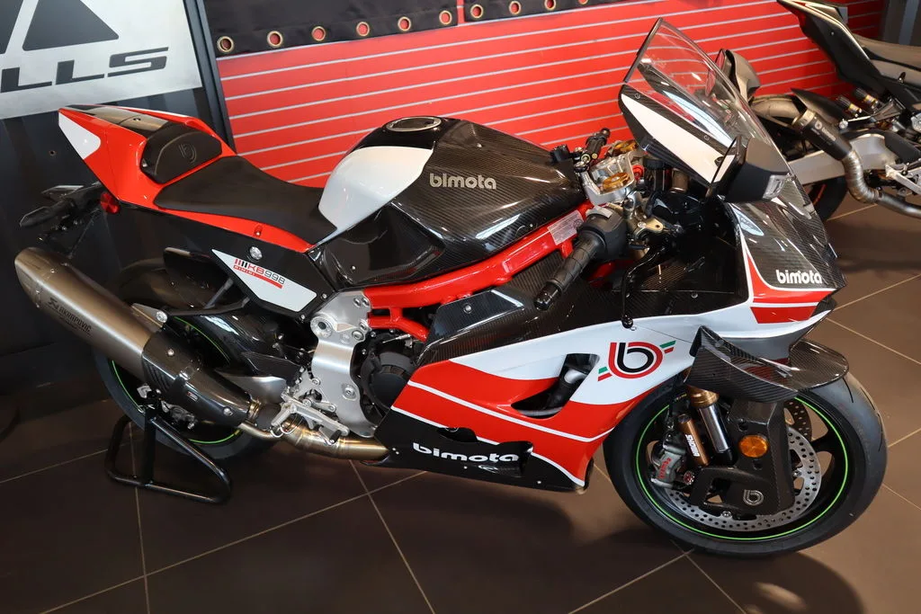 Bimota KB998 Rimini in a front-right three-quarter view inside Argyll Motorsports