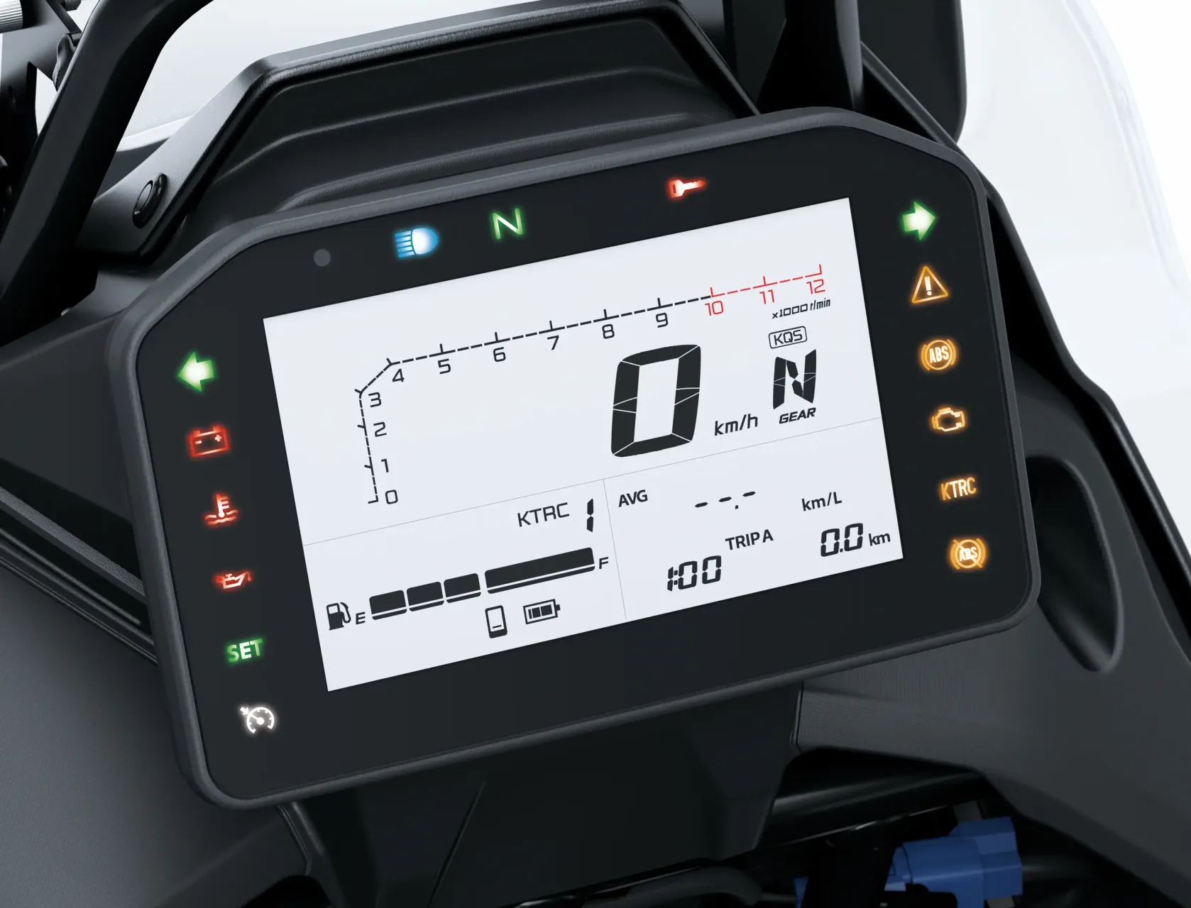 Close view of a Kawasaki KLE650 digital instrument panel.