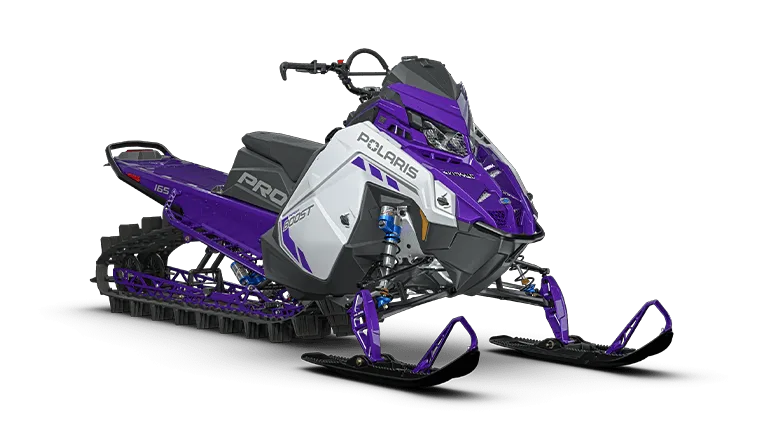 Manufacturer product image of a purple and white Polaris mountain snowmobile.