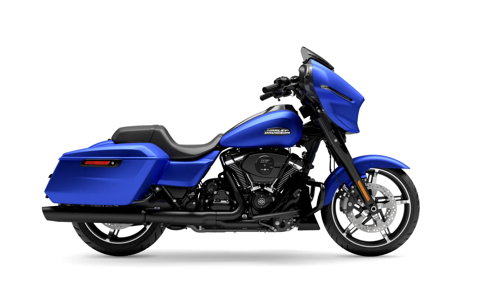Side profile of a blue 2026 Harley-Davidson Street Glide on a white background.
