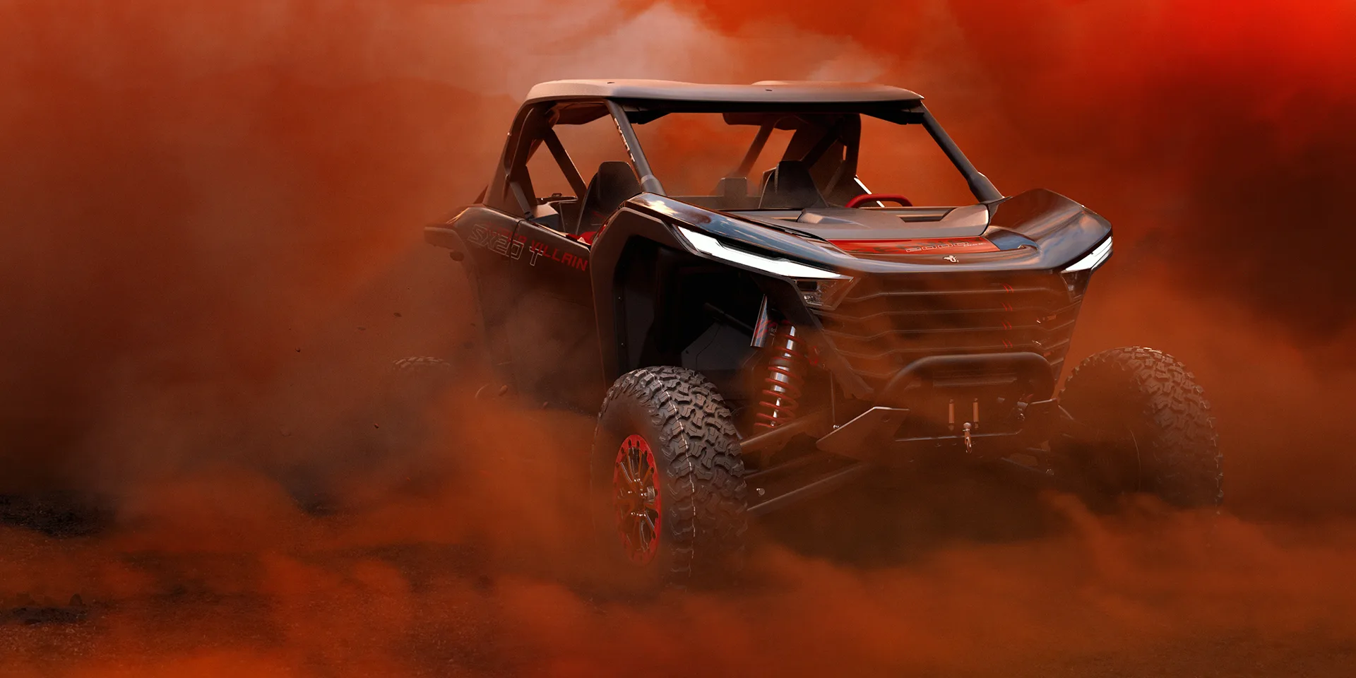 Segway Super Villain sport side-by-side driving through orange dust in a manufacturer product image.