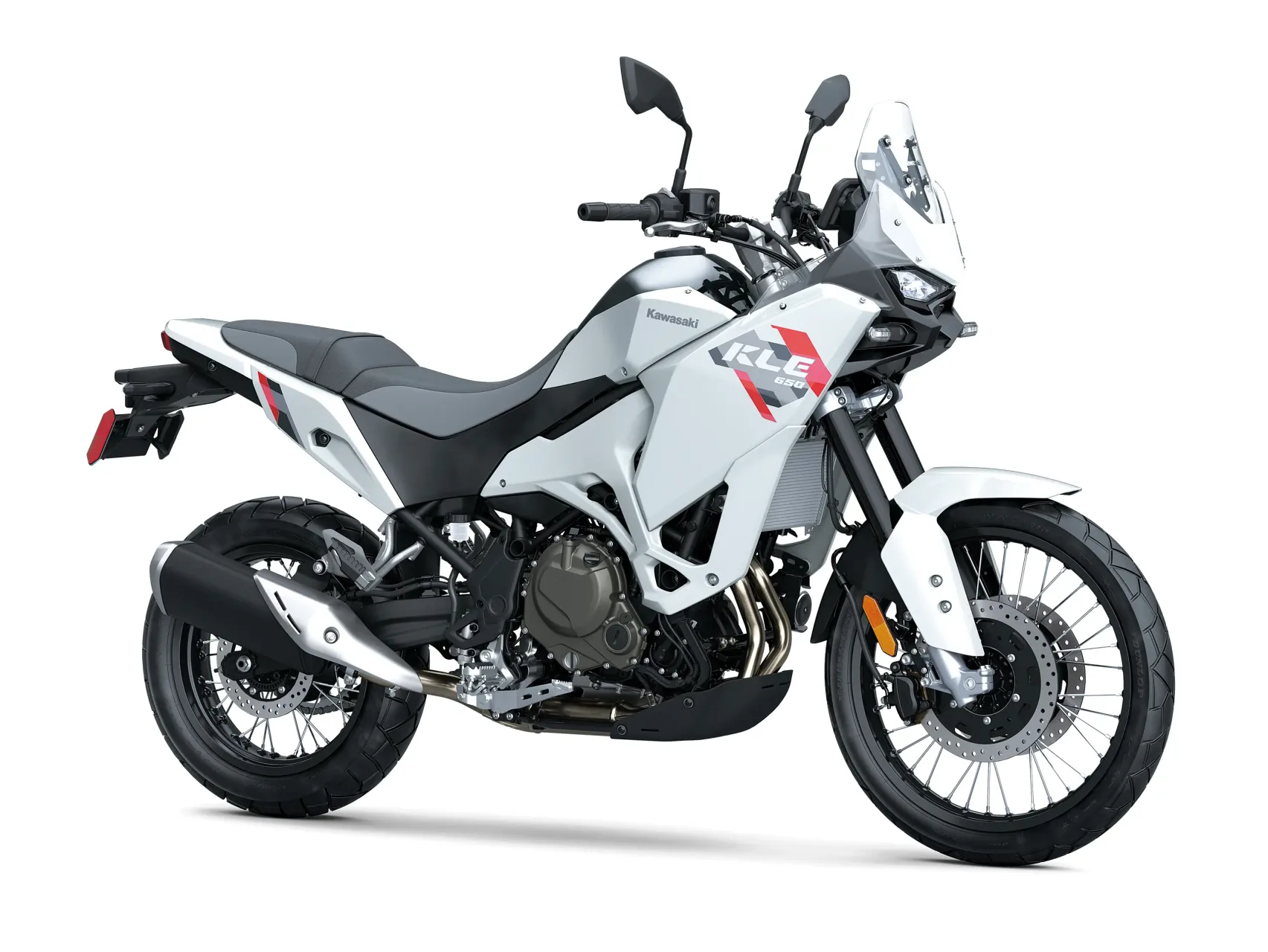 A white Kawasaki KLE650 photographed against a white studio background.