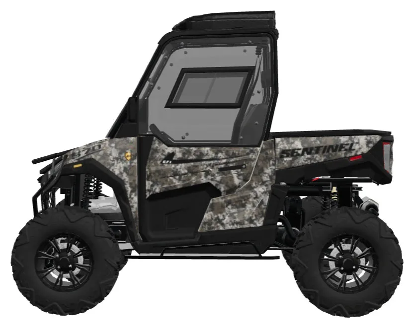 Side profile of a camouflage Massimo Sentinel 570, used as contextual imagery for Massimo’s 570-class UTV range