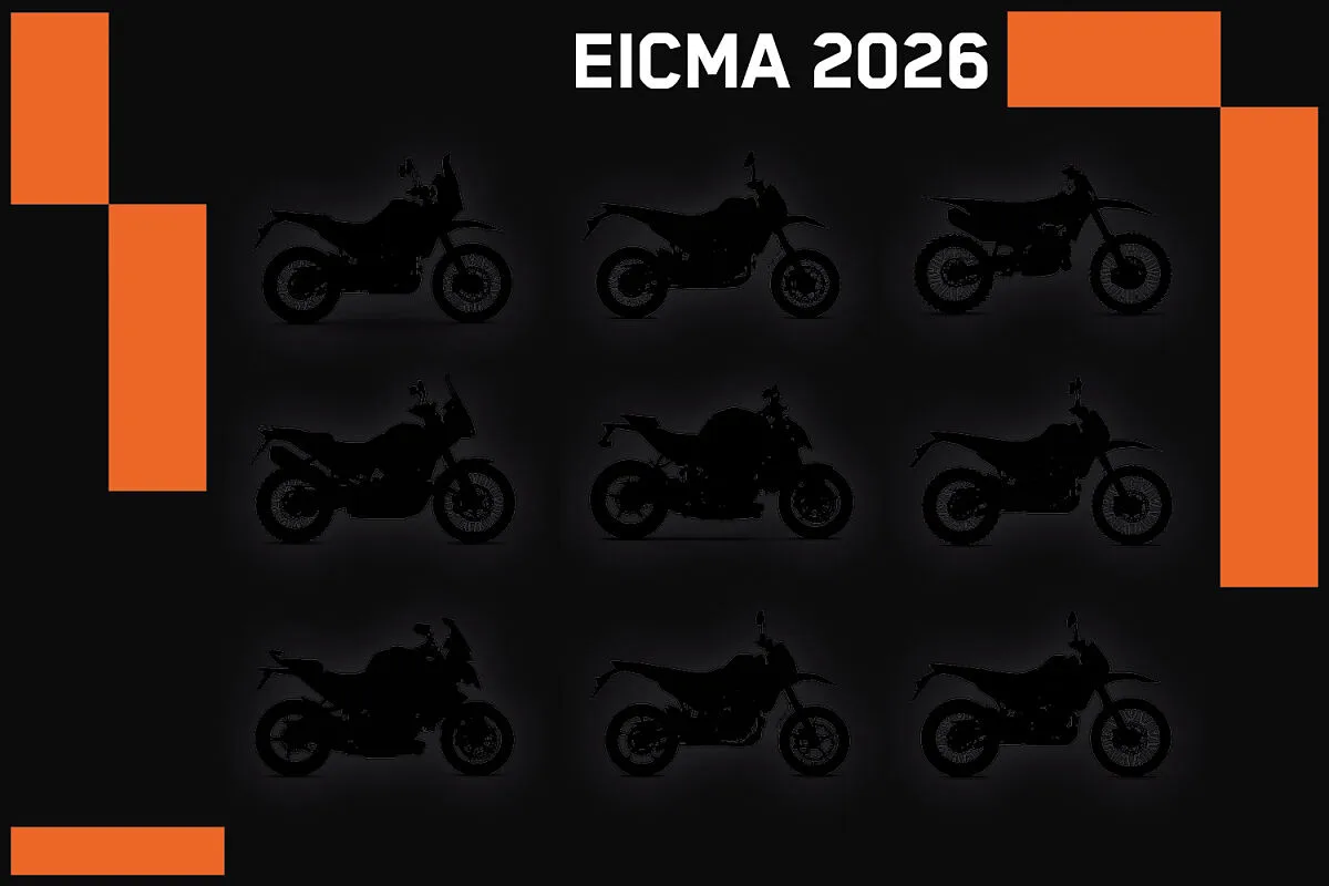 KTM EICMA 2026 announcement graphic with motorcycle silhouettes.