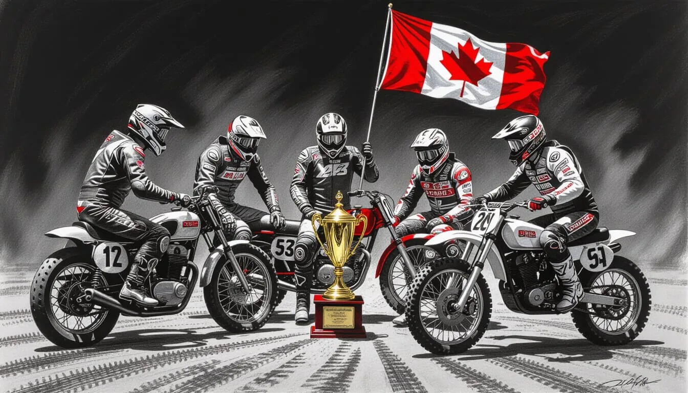 Canadian Motorcycle Hall of Fame banquet artwork showing historic motorcycle racers, a trophy and the Canadian flag.