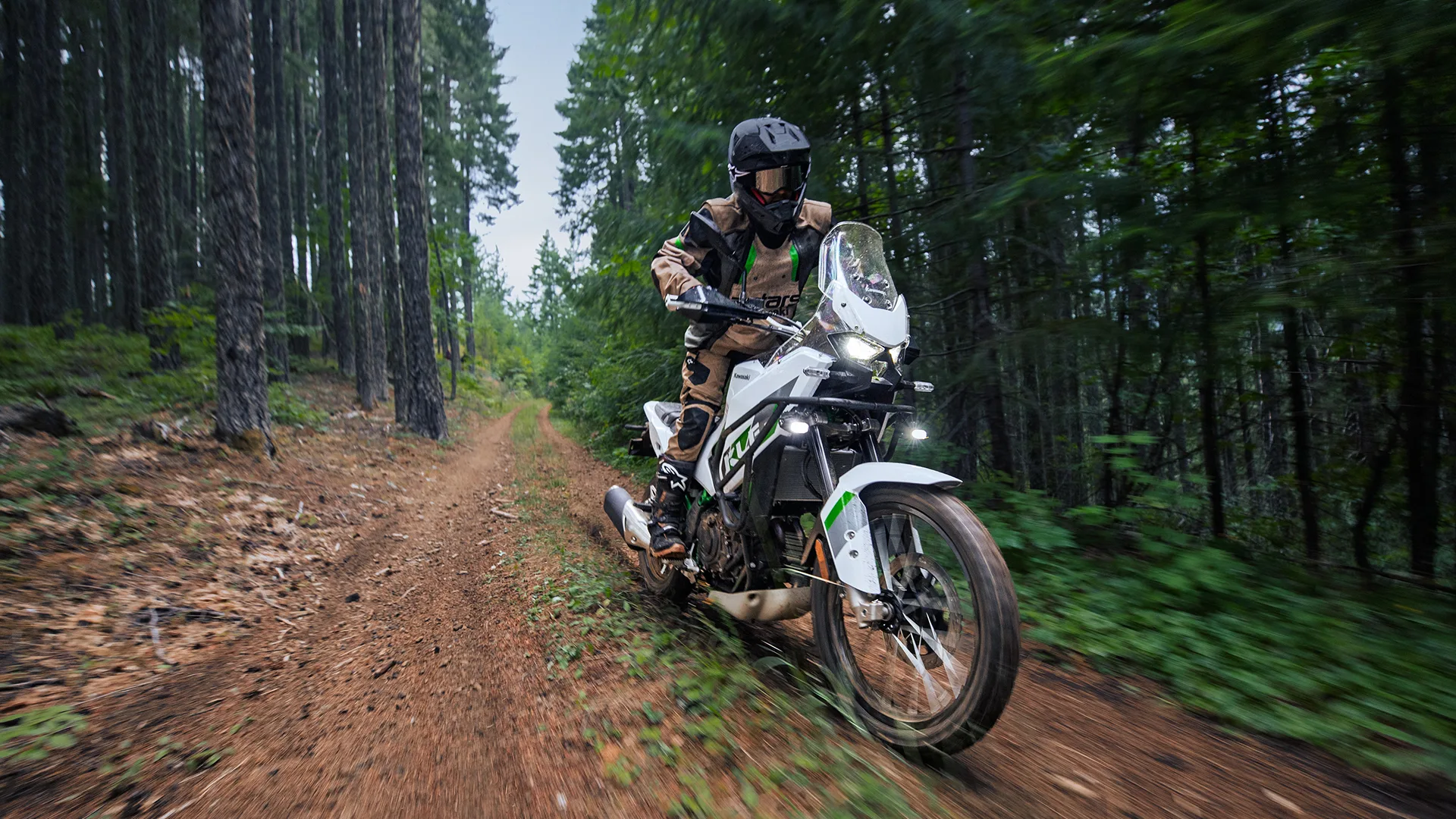 A rider on a Kawasaki KLE500 travelling along a forest track.