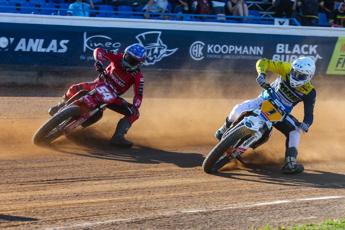 Riders contest a corner during the 2026 FIM Flat Track World Championship in an earlier-season file photograph.