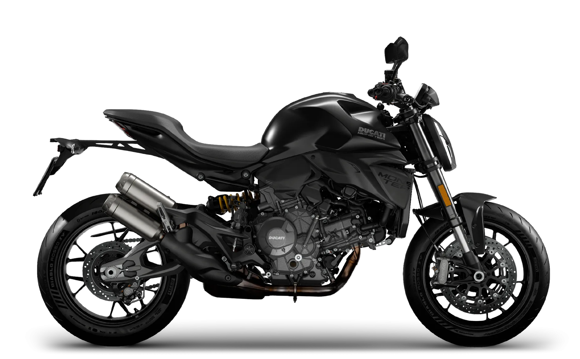 Side view of the black 2027 Ducati Monster Dark showing its engine, frame and exhaust
