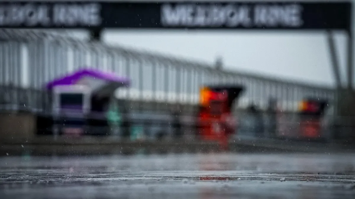 Rain falls across the Phillip Island paddock during the cancelled Sunday race programme.