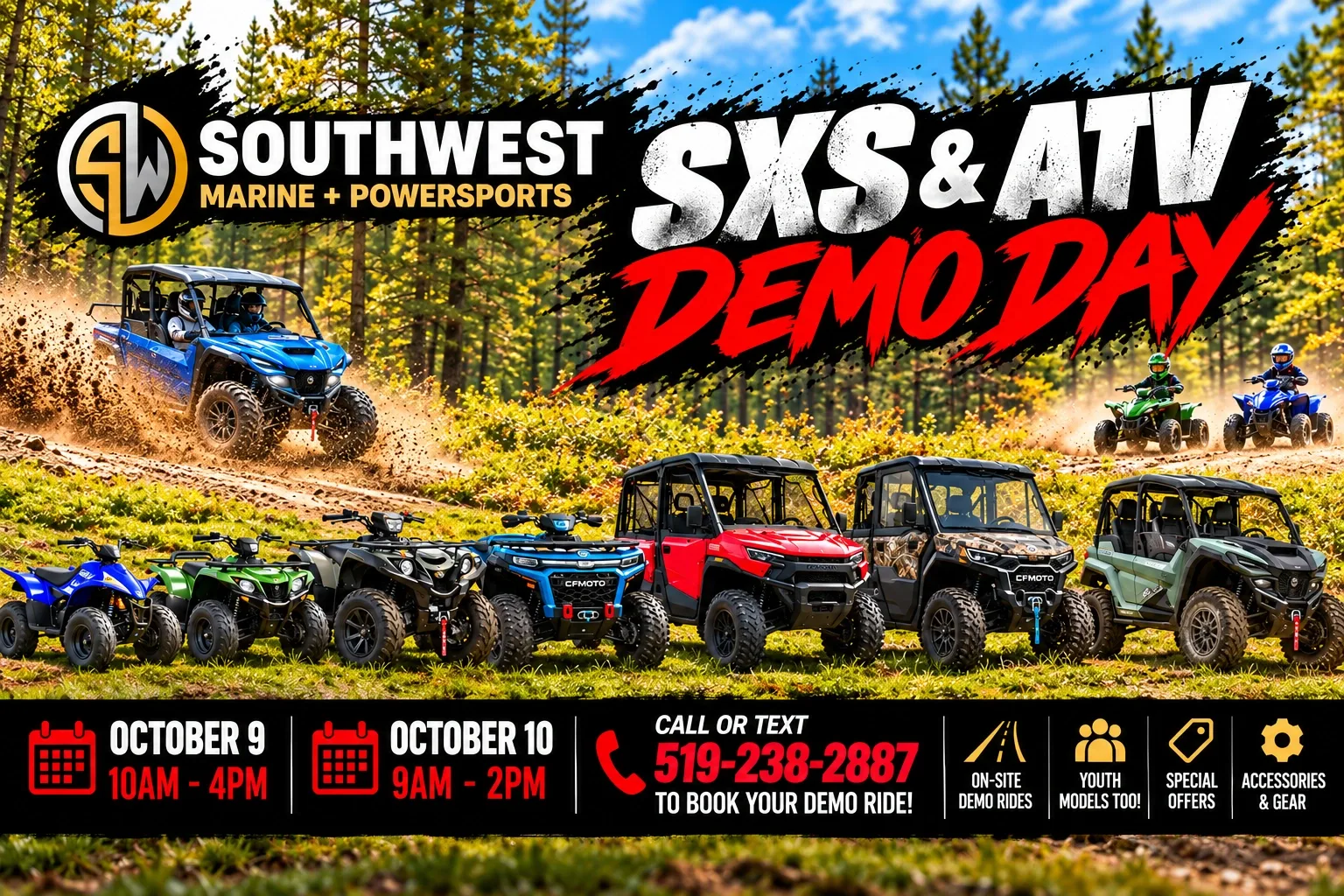 Southwest Marine + Powersports SXS and ATV Demo Days promotional artwork for October 9 and 10 in Grand Bend, Ontario.