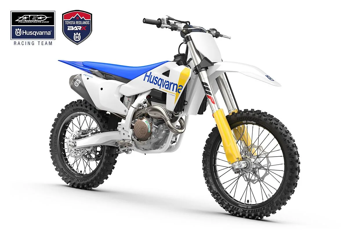 Husqvarna FC 250 promotional image with AEO and BarX team logos