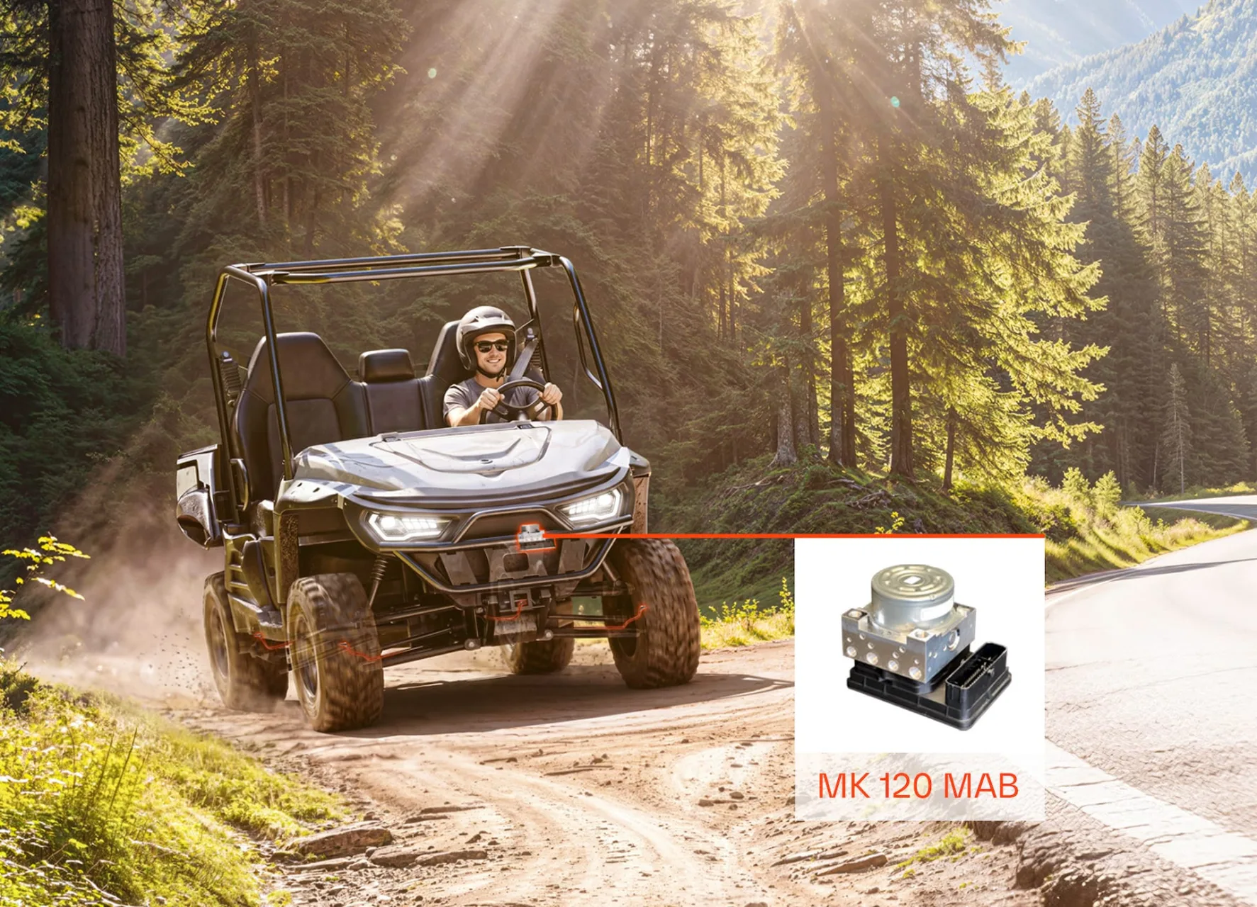 AUMOVIO artwork showing a side-by-side utility vehicle and an inset image of the MK 120 MAB braking module.