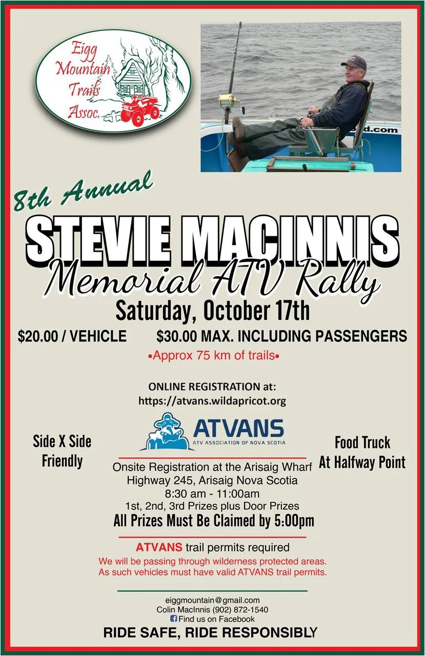 Official flyer for the 8th Annual Stevie MacInnis Memorial ATV Rally in Arisaig, Nova Scotia