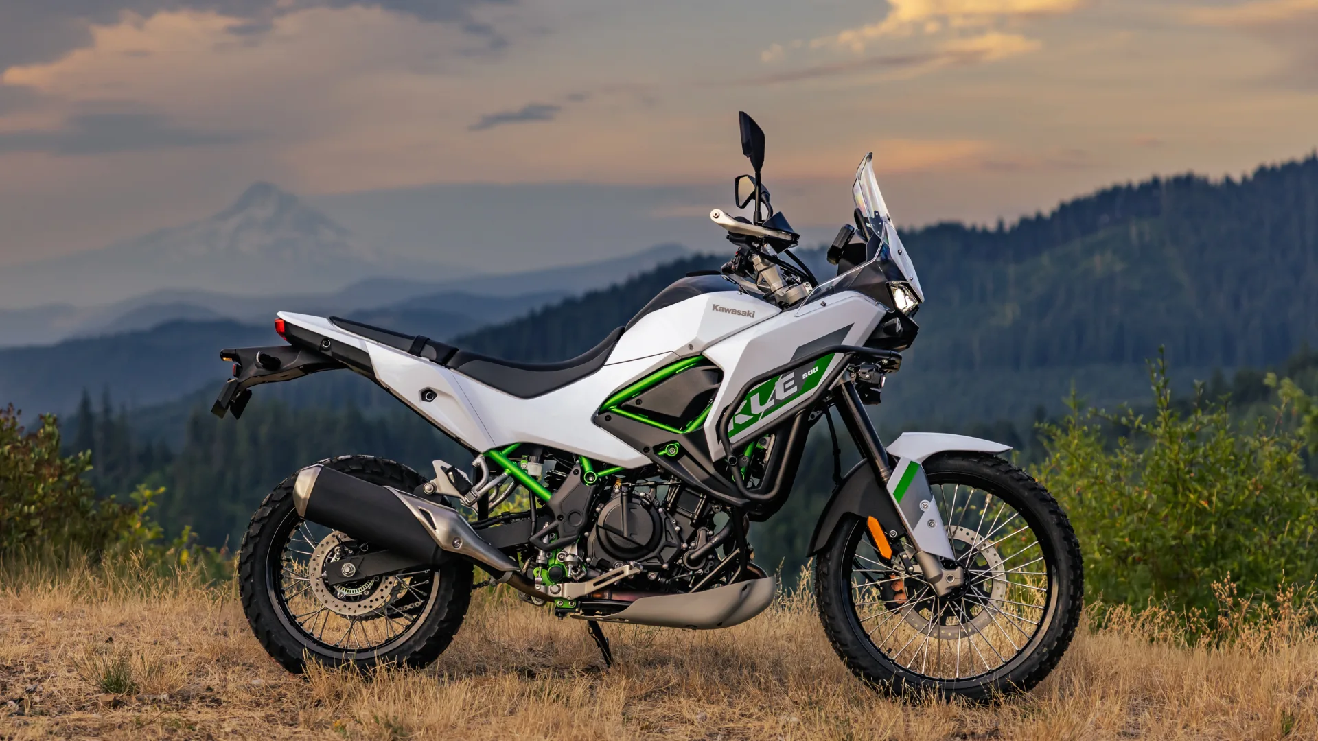 A Kawasaki KLE500 parked in a grassy mountain landscape.