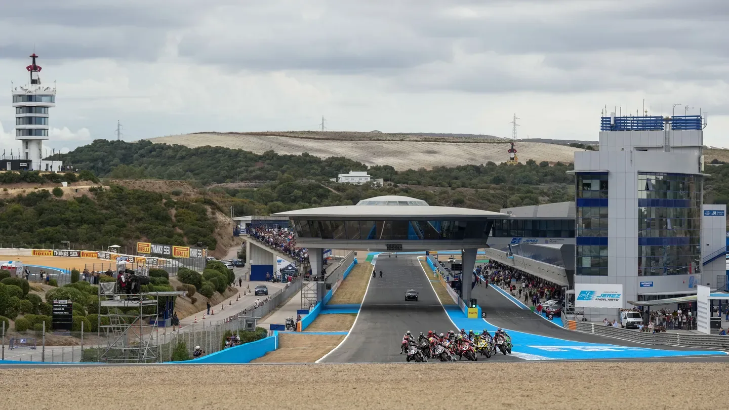 The WorldSBK field races at Jerez during the rain-threatened 2026 finale.