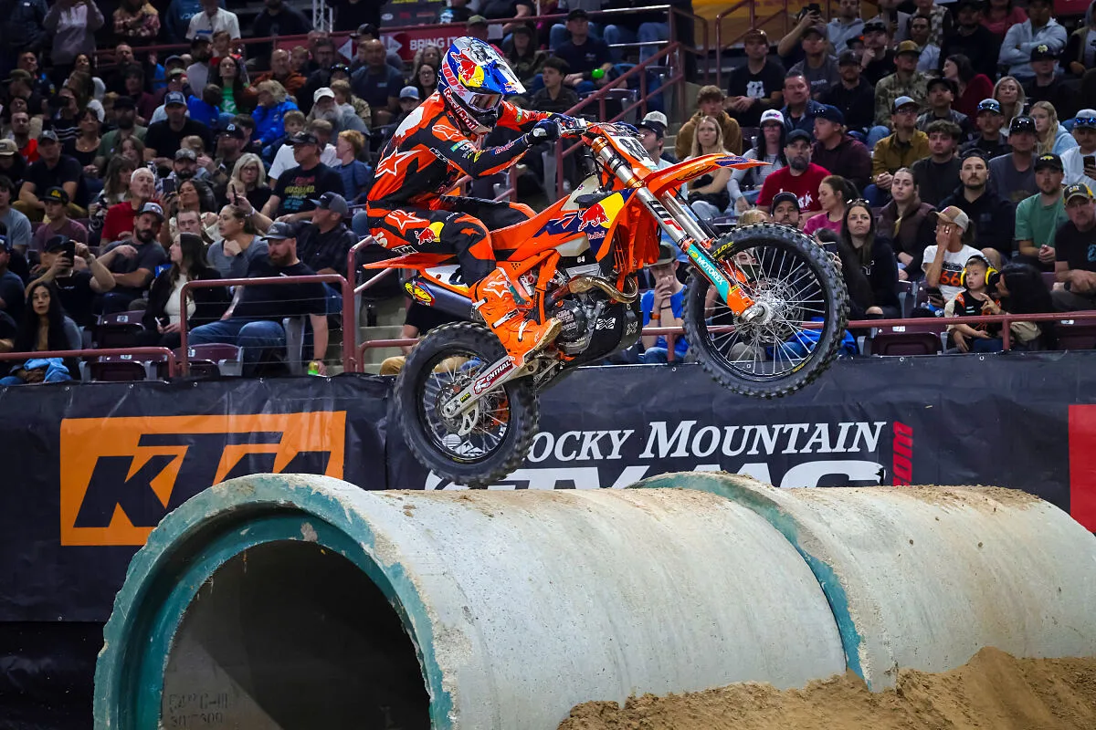 Trystan Hart races his FMF KTM Factory Racing motorcycle over the Nampa EnduroCross obstacles.