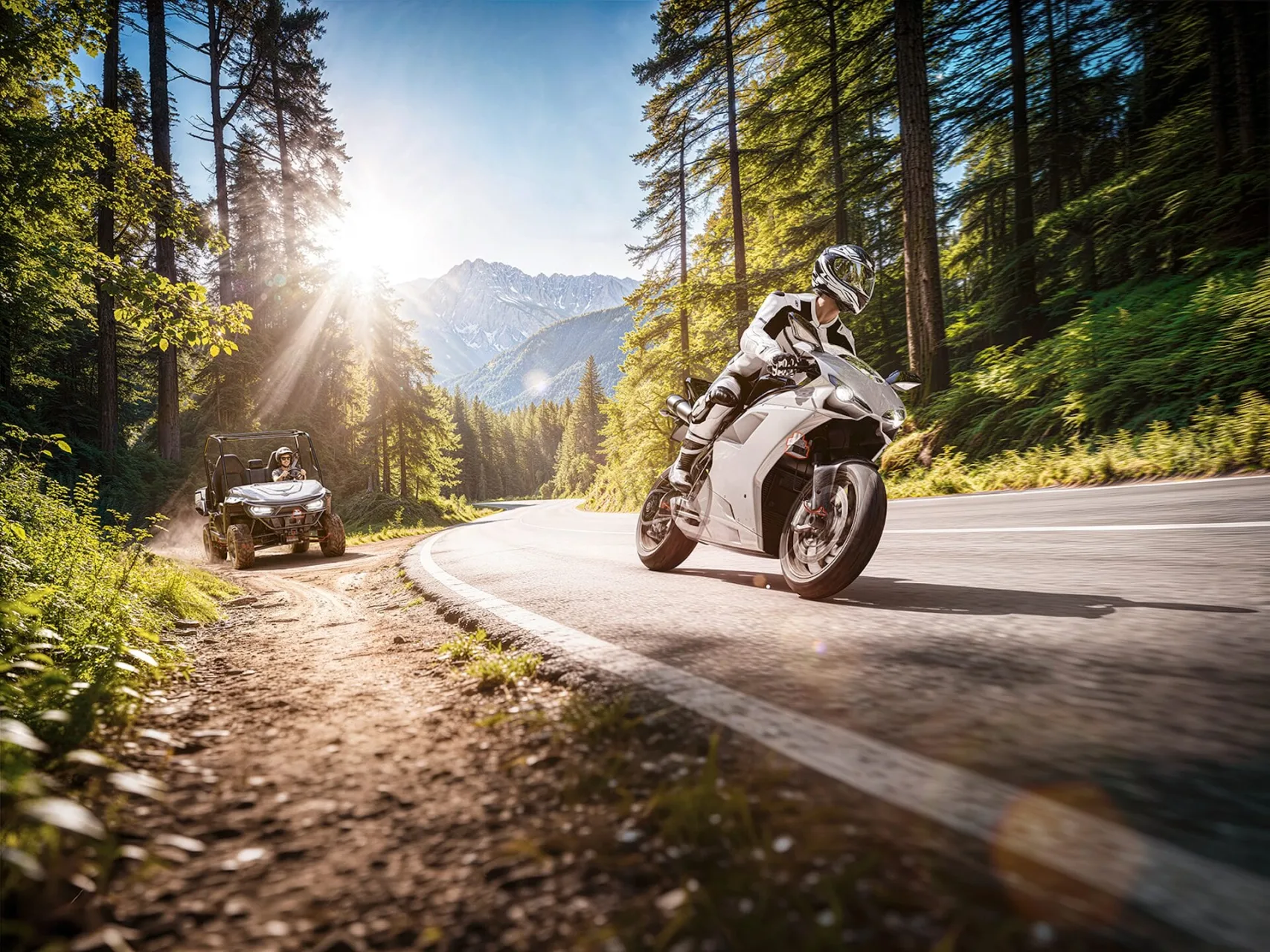 AUMOVIO promotional artwork showing a motorcycle and a side-by-side on a forest road.