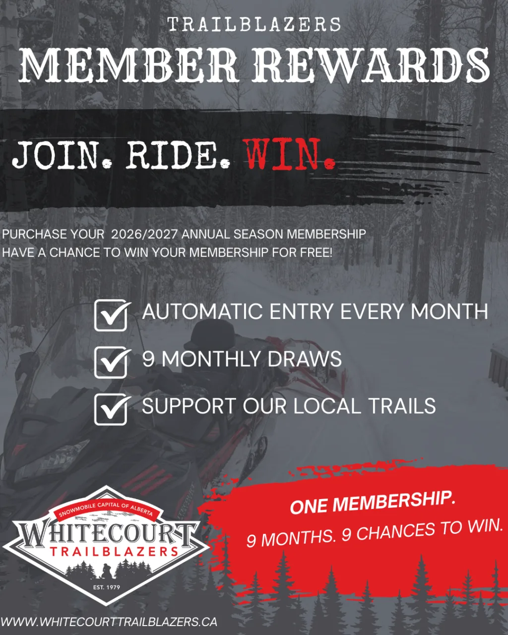 Whitecourt Trailblazers member rewards graphic promoting club membership and local trail support