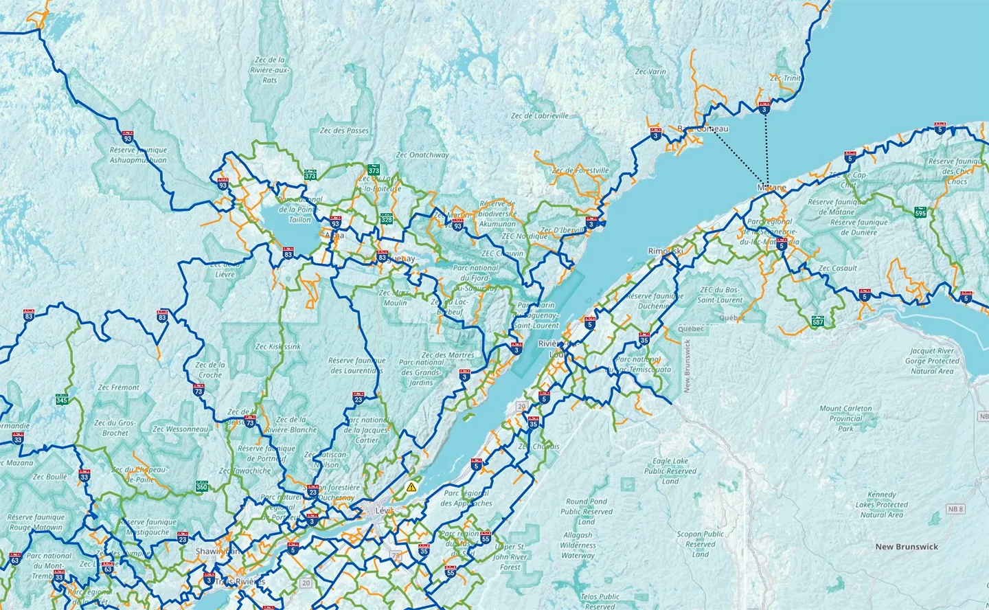 FCMQ interactive map showing the Québec snowmobile trail network and neighbouring areas.