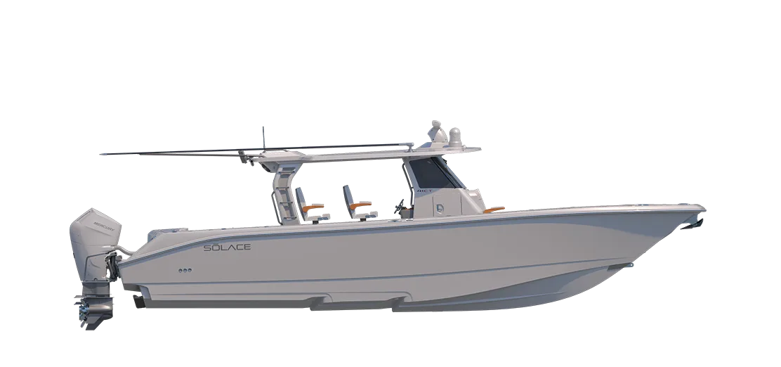 Official side-profile rendering of the standard SŌLACE 41CT centre-console catamaran